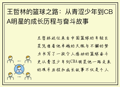 王哲林的篮球之路：从青涩少年到CBA明星的成长历程与奋斗故事